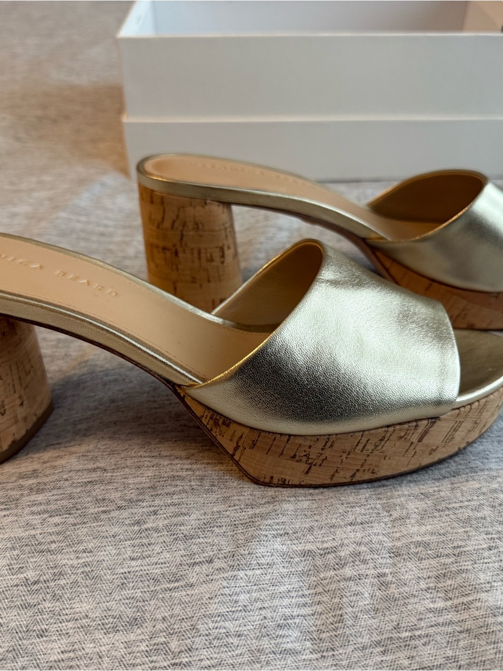 Veronica Beard Gold Metallic Cork Platform Slide Heels